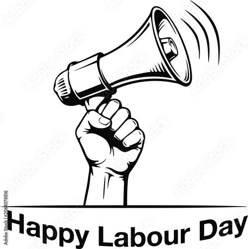 Hand holding megaphone announcing Labour Day celebration with announcement graphic