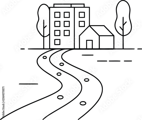 Modern apartment building and house along a winding path with trees in a minimalist line drawing style