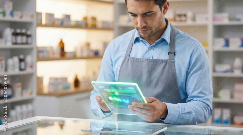 Fototapeta premium Pharmacist using tablet for pharmacy verification in modern drugstore with digital technology