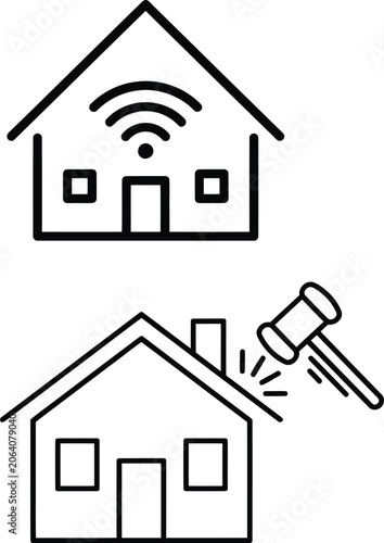 Smart home connected wirelessly above an auction gavel striking a roof representing real estate digital technology and property sale