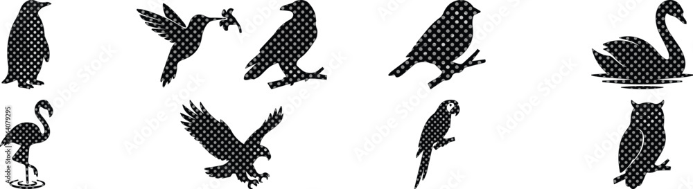Fototapeta premium Black bird silhouette icons with halftone texture, 9 bird species vector set, minimalist avian wildlife illustrations for nature branding