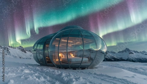 Exclusive glass pod accommodation surrounded by a breathtaking snow capped mountain scenery illuminated by the mesmerizing northern lights perfect for adventurous travelers