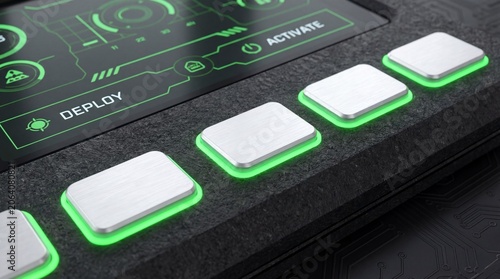 Futuristic Control Panel with Glowing Green Interface and Tactile Buttons