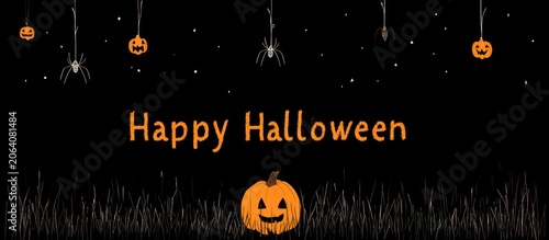 Halloween greeting with pumpkins, spiders, stars, and grass on black