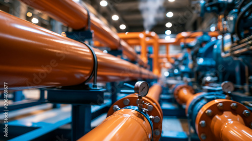 Orange industrial pipes arranged in parallel on blue metal supports with cinematic industrial atmosphere, subtle steam and high-detail machinery, highlighting engineering systems, utility
