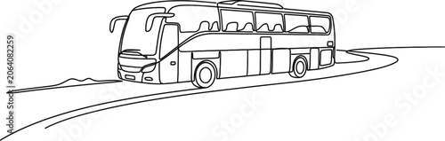 A simple black and white line drawing of a passenger coach bus traveling on a road.