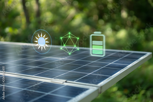 Solar Panels with Digital Icons for Sun, Network, and Battery Storage, Renewable Energy Technology Concept for Clean Power Grid Infrastructure and Sustainable Ecology