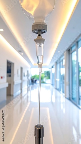 Clear Iv Drip Hanging in Bright Modern Hospital Hallway
