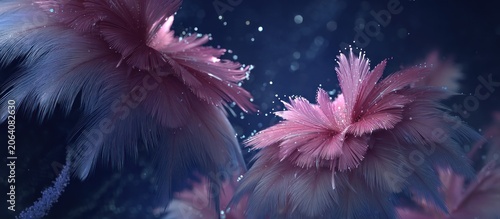 Pink, feathery plumes with sparkling glitter on dark, dreamy background