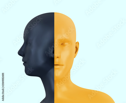 Fényképezés Creative vector 3D composition combining black side profile and yellow front facing mannequin head merged together on light background, representing duality and perspective