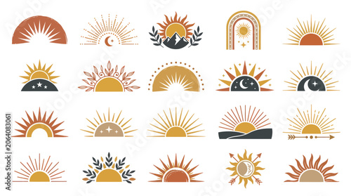 Tableau sur toile Bohemian Sun and Moon Logos, Boho Celestial Icons, Abstract Sunrise Sunset Symbo