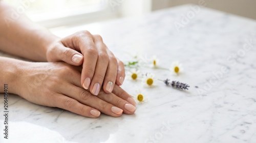 Beautiful woman hands with natural manicure on marble table with chamomile flowers and lavender