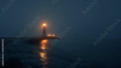 A serene and mysterious lighthouse standing tall on a rocky shore at dusk