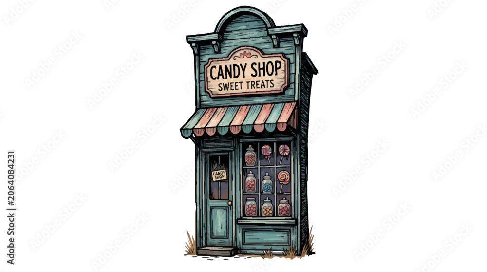 Obraz premium Old Fashioned Western Candy Shop Sweet Treats Store Vector Illustration