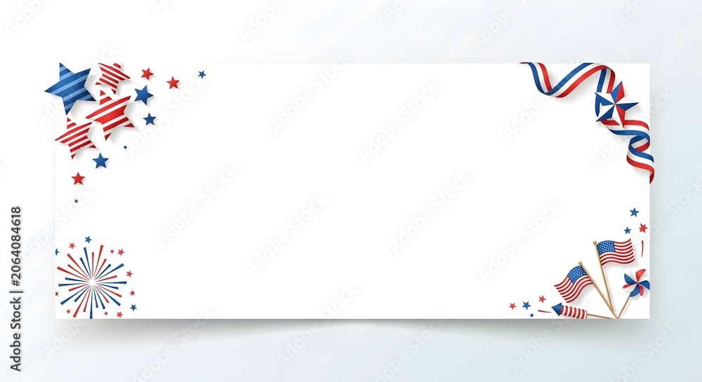 Obraz premium USA Independence Day 4th of July horizontal banner with patriotic stars ribbons and flags. Premium festive background with fireworks and copy space for American national holiday celebration
