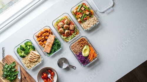 Foto Healthy meal prep containers with balanced food top view on kitchen counter