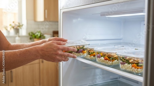 Fotografía Meal prep containers with chicken rice and vegetables placed in refrigerator for