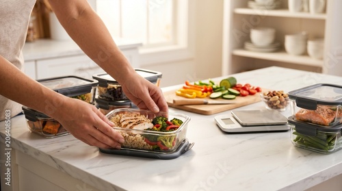 Bild auf Leinwand Meal prep in glass containers with grilled chicken rice and vegetables in kitche