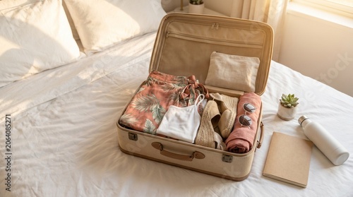 Canvastavla Open suitcase packed with summer clothes on bed ready for vacation travel trip