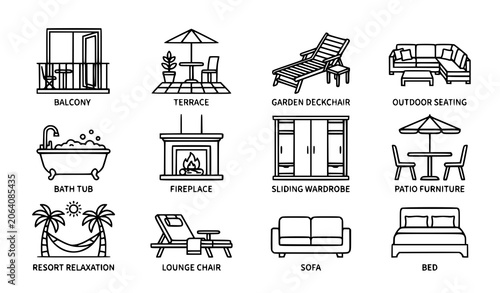 Foto Minimal furniture outline icon collection with terrace bath tub and wardrobe