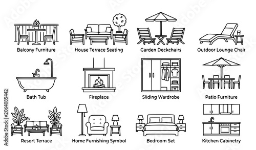 Bild auf Leinwand Furniture and home amenities line icon vector set with balcony terrace and firep