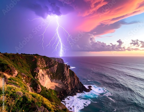 A dramatic seascape with a lightning storm over a rugged coastline (29)