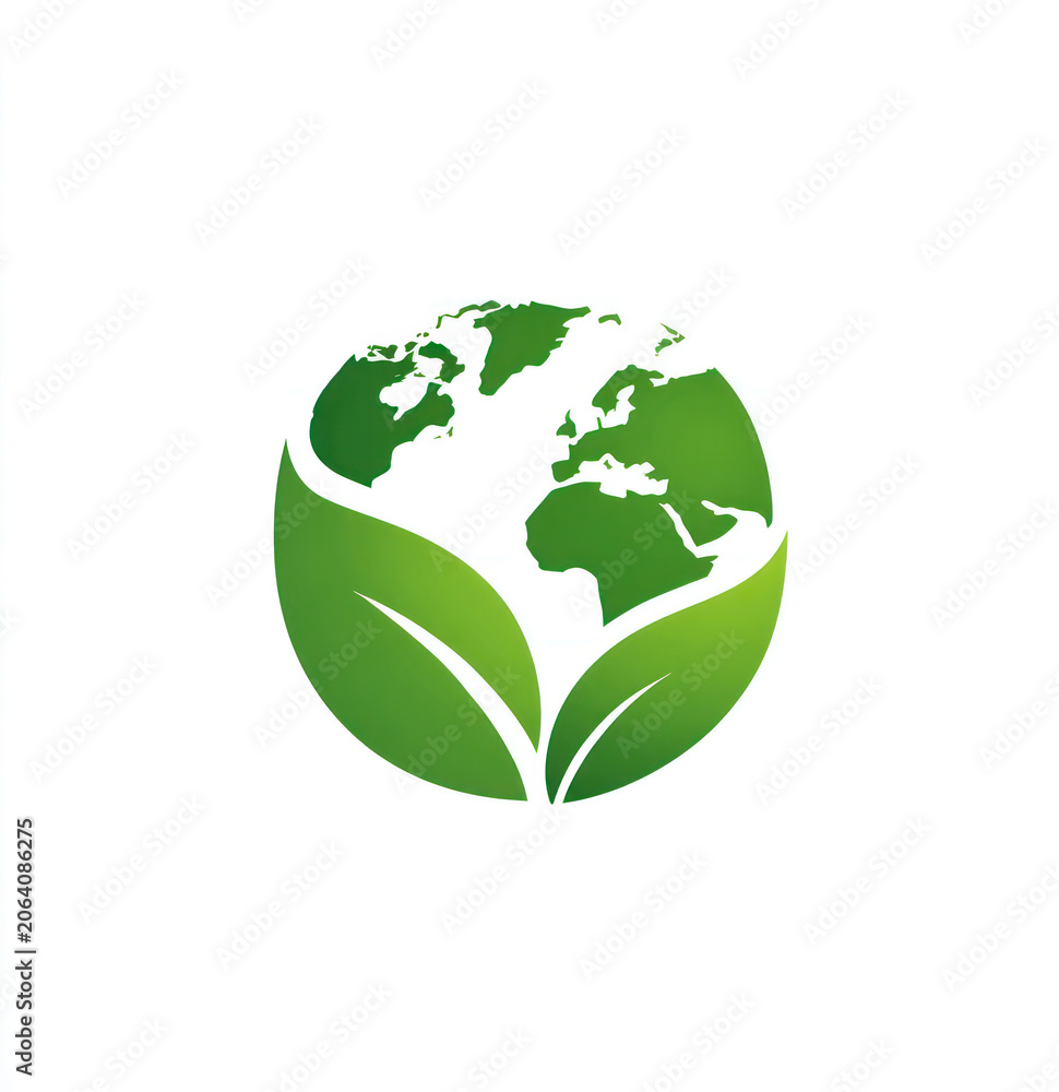 Obraz premium A stylized logo combining globe and green leaves to represent environmental protection and ecological sustainability.