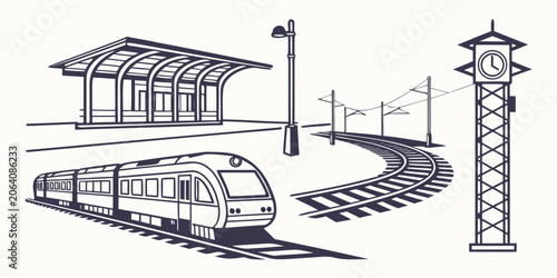 Obraz na plátně Black and white vector composition of a passenger train at a classic station wit