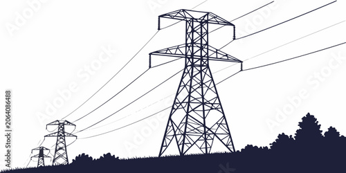 Schilderij op canvas Graphic silhouette of electric power pylons and electrical cables in a grassy na