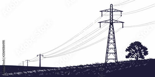 Fotografía Silhouette drawing of electrical transmission tower and a single tree in a field