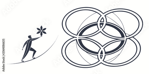Bild auf Leinwand Abstract illustration of a stylized figure holding a flower with geometric circl