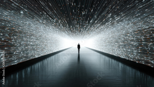 A silhouetted person stands in a long digital corridor, surrounded by glowing particle streams leading to a bright distant light, creating a surreal futuristic scene.