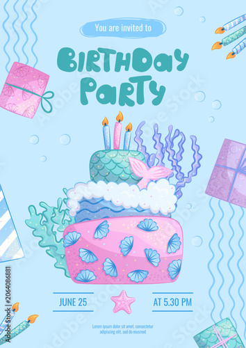 Design a children's birthday invitation with a festive cake in a nautical style, candles, and gifts. Vector illustration.