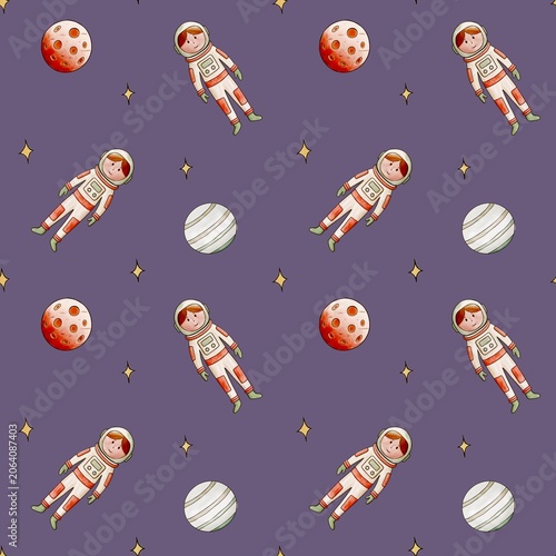 Cute Space Pattern with Astronauts, Planets and Stars on Purple Background