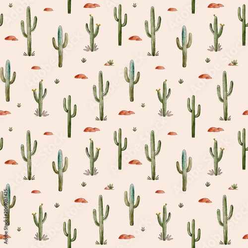 Seamless Desert Cactus Pattern with Succulents and Sand on Beige Background