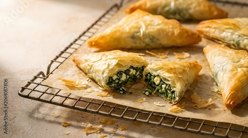 Spinach feta cheese triangles in golden puff pastry served on a cooling rack.