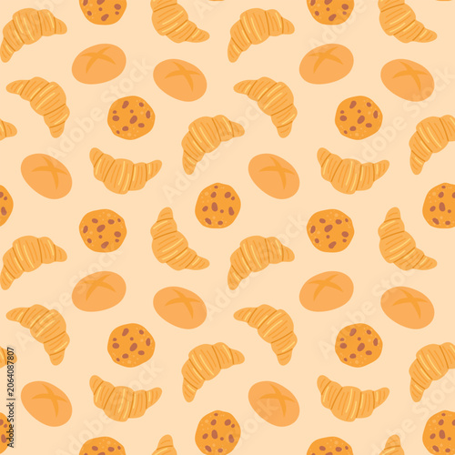 Sweet pastry seamless pattern with cookies, croissants and buns Vector pattern design for bakery