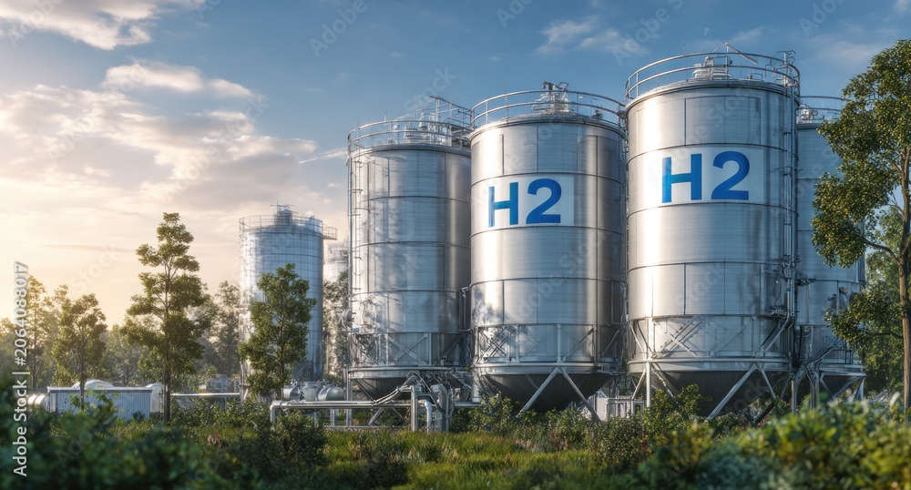 Fototapeta premium Large metallic hydrogen storage tanks stand at an industrial energy facility surrounded by green vegetation under a clear sky.