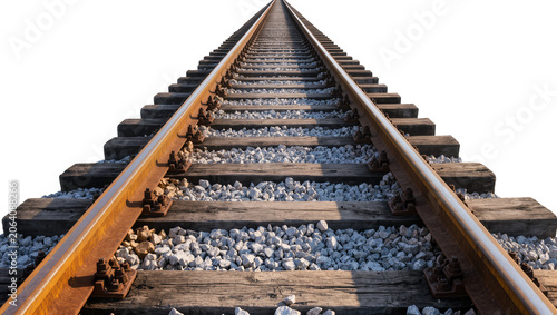 Foto Railroad tracks perspective view with wooden sleepers and ballast