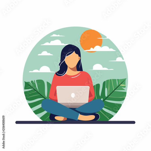Woman working on laptop outdoors with sun and clouds