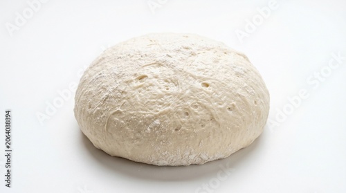 A perfectly proofed ball of raw pizza dough, dusted with flour and resting on a clean white surface.