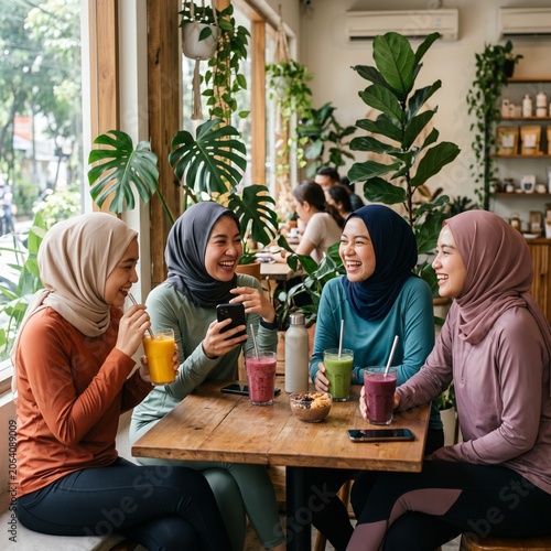  Modern Women Relaxing at a Healthy Café
