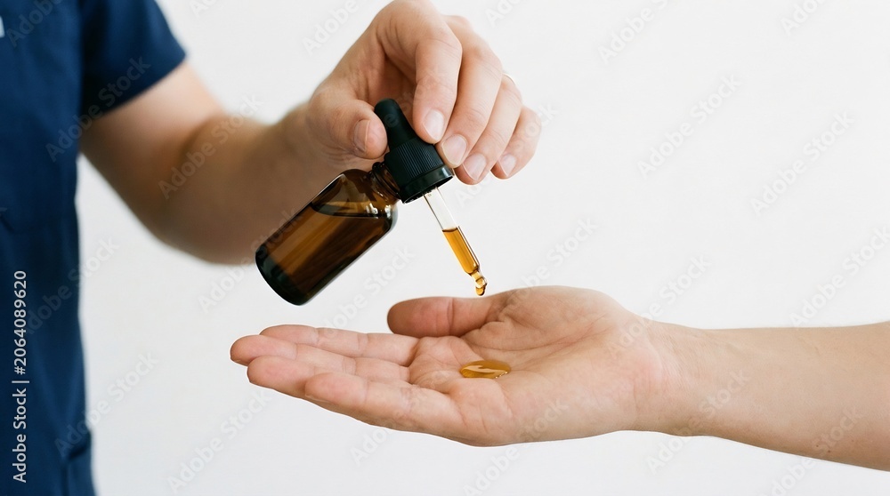 Fototapeta premium Person pouring amber liquid from dropper bottle onto outstretched hand