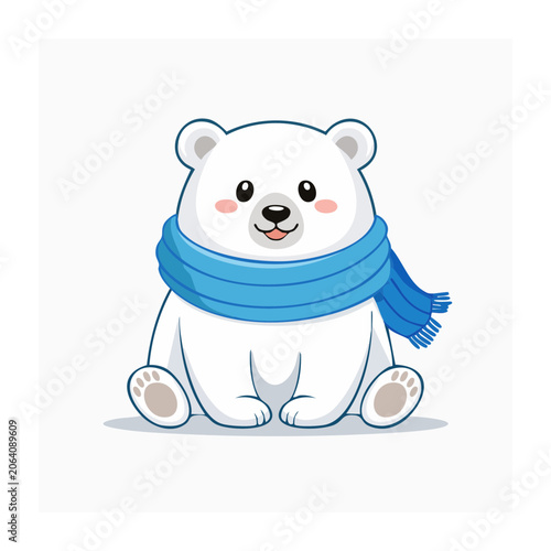 Cute cartoon polar bear wearing a blue scarf