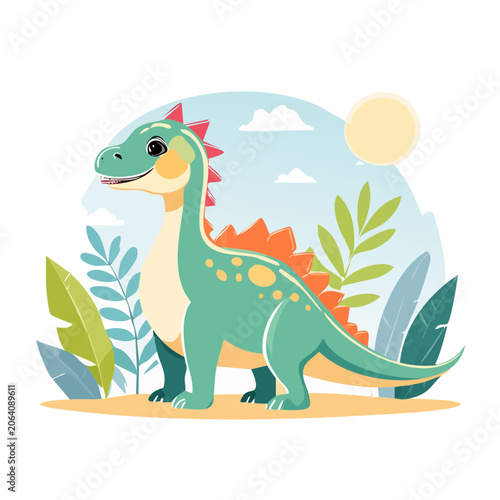 Cute cartoon dinosaur illustration with plants and sun