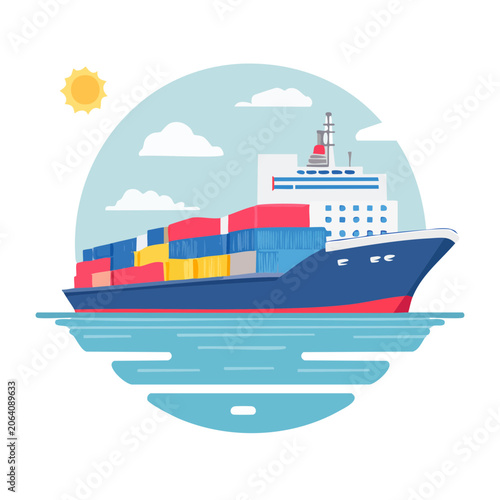 Flat design cargo ship with containers on ocean