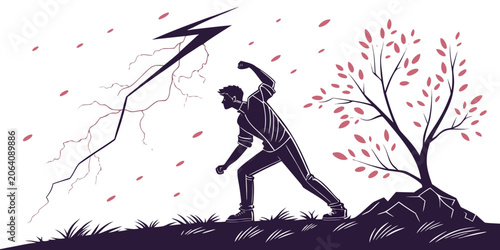 Photos Man struggling against a stormy lightning strike near a small tree with struggle