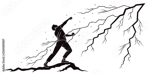 Konstfotografi Silhouette of a man pushing against a powerful lightning bolt strike with silhou