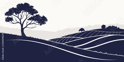 Graphic landscape silhouette featuring rolling agricultural farm fields and a large tree in a monochrome vista silhouette landscape monochrome