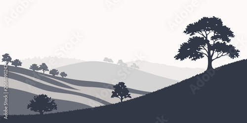 Tableau sur toile Monochrome landscape silhouette of rolling hills and diverse trees in a layered